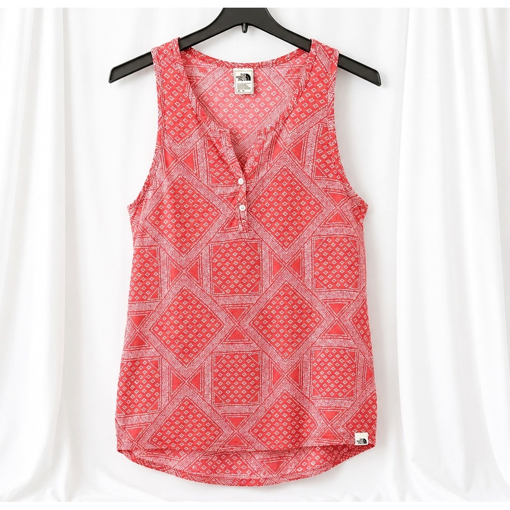 North Face Split Neck Tank Top XL Red Coral White Geometric Hiking Casual